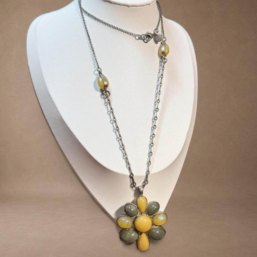 Yellow & Gray Floral Pendant Necklace Statement Jewelry Vintage Inspired